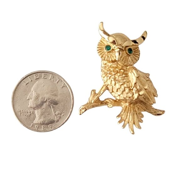 Monet Gold Tone Green Rhinestone Eyes Owl Brooch Pin, Signed M109 - Picture 6 of 9